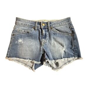 Roxy Blue Jean Midi Beach Shorts Size 24 Low Rise Raw Hem Distressed